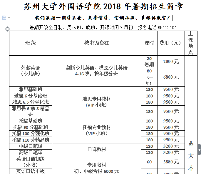 苏州大学外国语学院2018年暑期招生简章